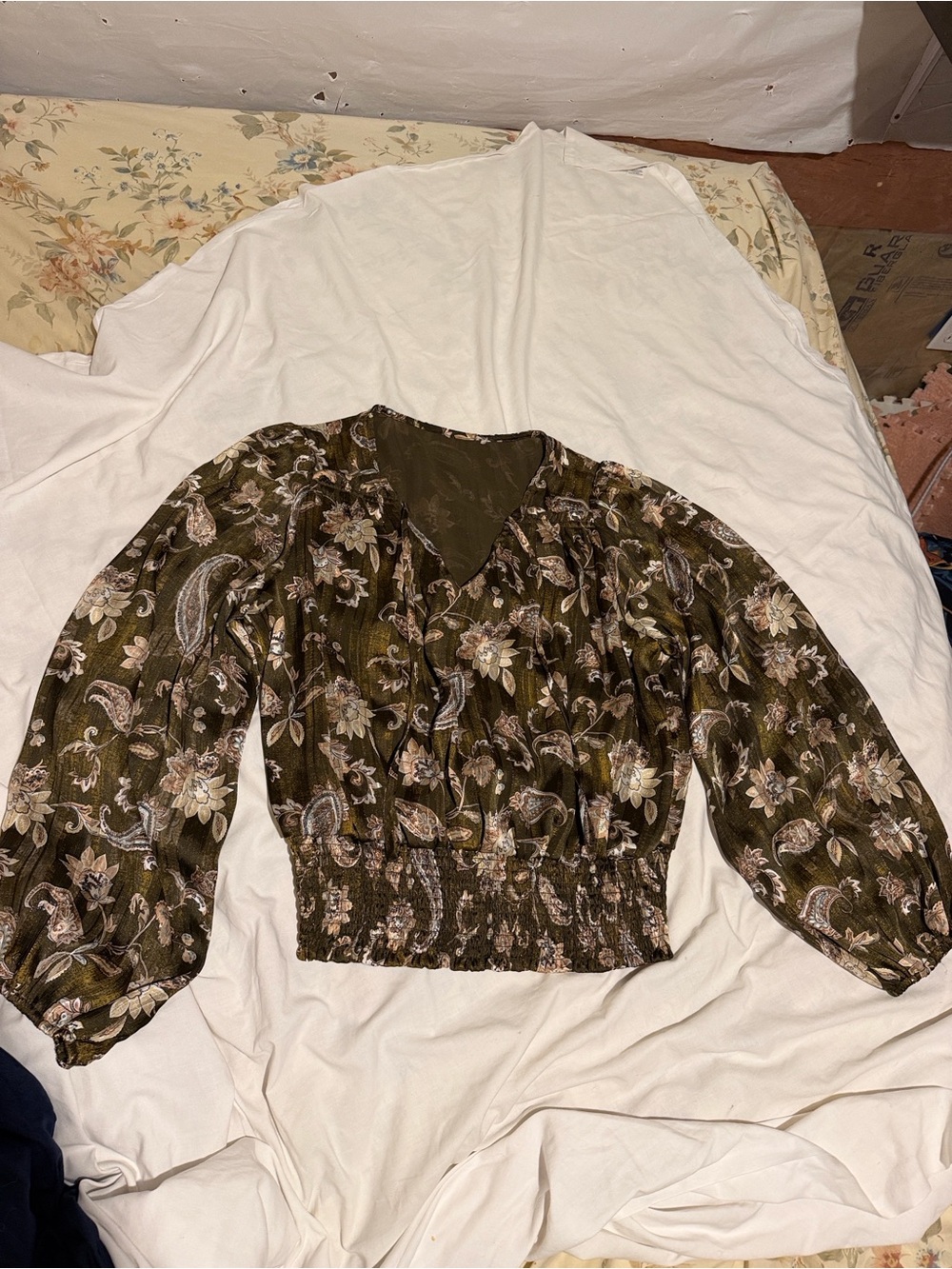 Metallic gold threading and Olive Floral V-Neck Smocked-Waist Blouse